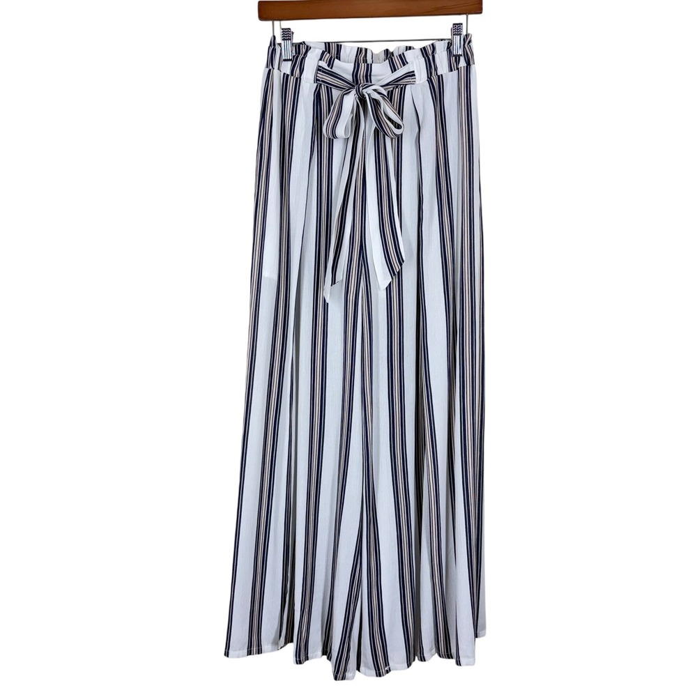 Simplee Women Wide Leg Palazzo Pants Size M Blue Striped High Rise Front Slit - Picture 2 of 13